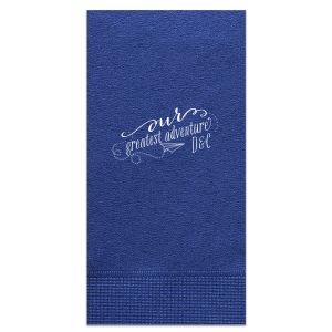 Launch your celebration into a new chapter with the Our Greatest Adventure Couples Napkin. Featuring an imaginative paper airplane graphic, the design soars from "our" into a vibrant swirl around "greatest adventure," spotlighting the couple's initials. It's all about energy, movement, and journeying together!