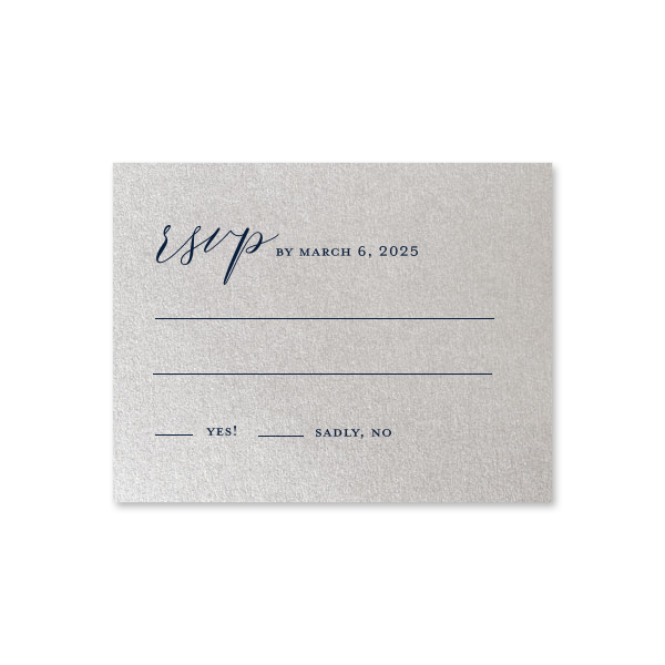 Personalized Lettra Pearl White 110lb Letterpress RSVP Card with Navy Ink Letterpress Inks can be personalized to match your party's exact theme and tempo.