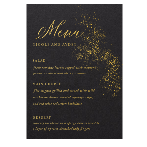 Custom Stardream Navy Circle Menu with Shiny 18 Kt Gold Foil has a Galaxy Dust graphic and is good for use in Organic, Stars themed parties and will add that special attention to detail that cannot be overlooked.