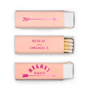 Strike a spark of celebration with the Wedding Arrow Matchbox, where an elegant 'Mr & Mrs' arch crowns the shared surname, accented by a dynamic shooting arrow. The back holds the date and locale, marking the start of the couple's forever