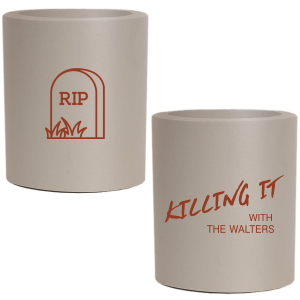 ForYourParty's personalized Khaki Flat Can Cooler with Matte Brick Ink Cup Ink Colors has a RIP graphic and is good for use in Halloween themed parties and will add that special attention to detail that cannot be overlooked.