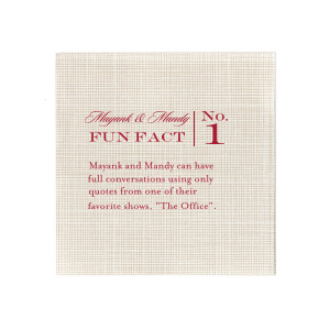 Spark curiosity at your celebration with the Classic Fun Fact Napkin artfully pairing your names in whimsical script with a numbered series of engaging facts. These napkins unfold your story, inviting guests to connect over shared discoveries.