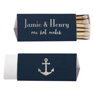 Our custom Linen Navy Blue Triangle Matchbox with Shiny Sterling Silver Foil has a Anchor 2 graphic and is good for use in Travel, Beach/Nautical, Father's Day themed parties and can be customized to complement every last detail of your party.