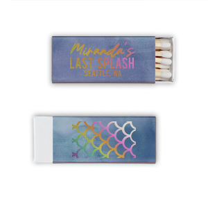 Plunge into your bachelorette bash with the "Mermaid Bachelorette" personalized matchboxes. Featuring the playful "Last Splash" inscription on the front and a charming mermaid scale motif on the back, these custom printed matchboxes are an ideal addition to any sea-inspired soiree, casting a magical spark on your last hurrah before saying 'I do'.

