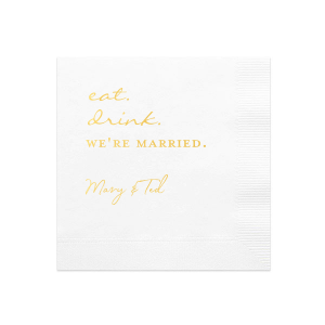 The Eat Drink We're Married Script Name Wedding Napkin design presents a whimsical twist on a familiar saying. Featuring playful lowercase script, the message culminates in bold, all-caps "WE'RE MARRIED." Below, the couple's names in a handwritten-style script add a personal touch to this fun, memorable design.