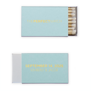 The Bold Perfect Match Name & Date Wedding Match design strikingly highlights the word "Perfect" and the wedding date in emphasized text, contrasting with the elegantly presented names. This play on text emphasis creates a stylish, memorable, and eye-catching matchbox. 