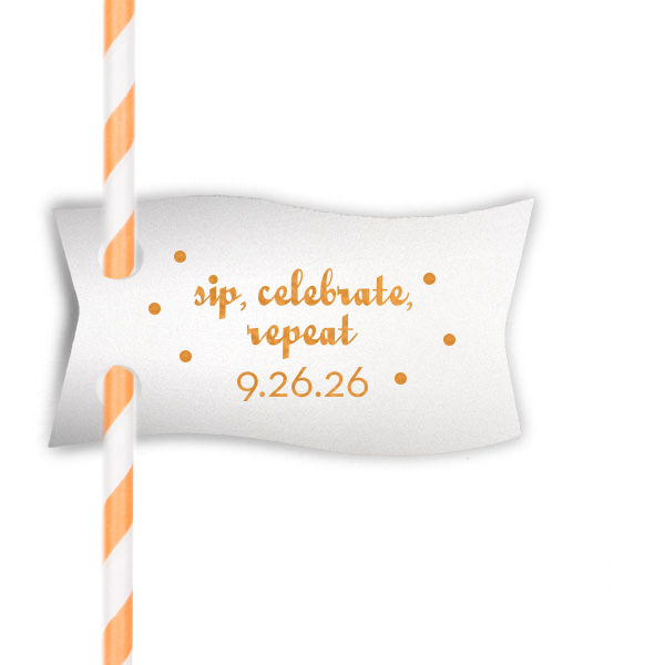 Dress up drinks with your theme! Add this personalized straw tag in Stardream Crystal White with Copper foil and polka dots for a fun bar addition. Our trendy Sip, Celebrate, Repeat design will be a hit.