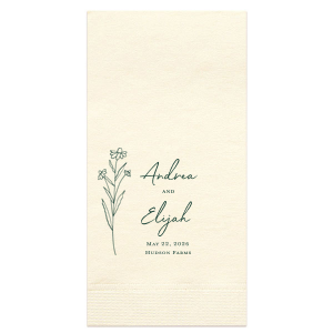 Embrace nature's charm with the Wildflower Couple Napkin, featuring a delicate wildflower stalk alongside the couple's names in a simple, organic script. The event date and location are subtly included, making this napkin ideal for celebrations that revel in the beauty of the outdoors and natural elegance.