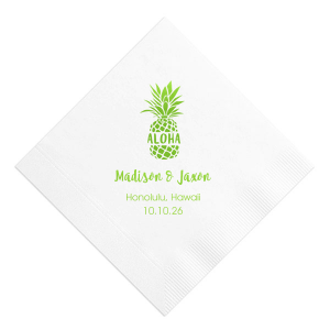 Savor the essence of island life with the Aloha Pineapple Napkin. A cheerful pineapple stamped with 'Aloha' sets a laid-back, tropical scene, while the couple's names and date below promise a future as bright as Hawaiian sunshine