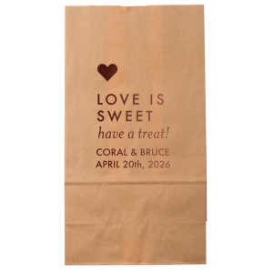 Package joy in the Love is Sweet Treat Gift Bag, featuring a gleaming gold heart above the playful promise, "Love is Sweet, Have a Treat." With the couple's details beneath, it's a whimsically sweet farewell to guests.