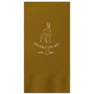 Honor your cherished four-legged family member with the Drinks On Me Dobermann Napkin. This design showcases a majestic Dobermann Pinscher. The playful phrase "Drinks on Me!" coupled with a tender "xoxo" and the dog’s personalized name, reflects the special place this furry friend holds in the family. 