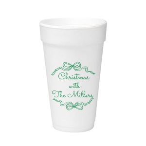 Let seasonal spirits overflow this year with the Holiday Bow Ribbon Cup. The festive design is paired with custom text, perfect for family holiday parties or nearly other festive function. 