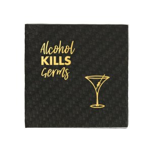 Elevate your bar's atmosphere with the Alcohol Kills Germs Funny Humor Napkin, featuring a playful martini glass illustration. Its lively mix of script and block lettering adds a splash of humor, perfectly capturing the essence of fun and sociable gatherings.