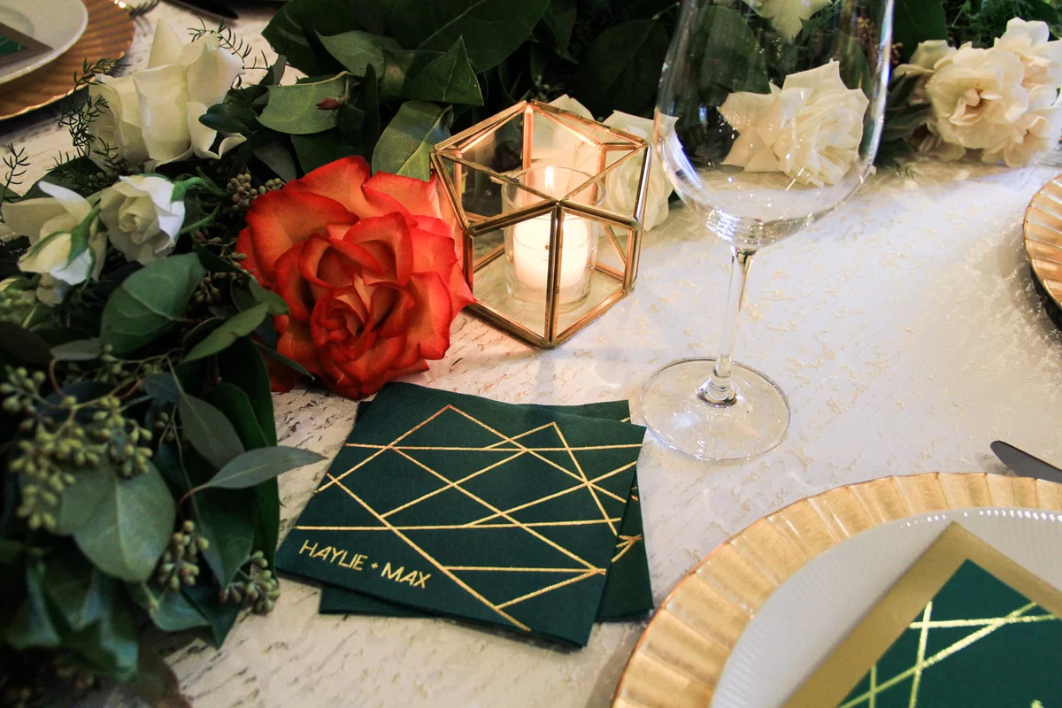 custom designed geometric green theme wedding napkins