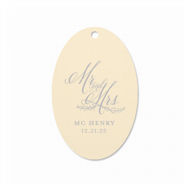 ForYourParty's personalized Stardream Ivory Large Oval Gift Tag with Shiny Rose Quartz Foil has a Mr And Mrs 3 graphic and is good for use in Wedding, Words, Anniversary themed parties and can't be beat. Showcase your style in every detail of your party's theme!