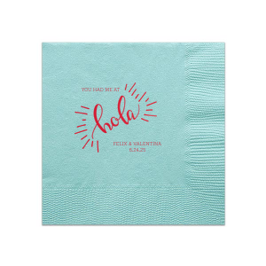 Custom Tiffany Blue Cocktail Napkin with Satin Lipstick Red Foil has a Hola graphic and is good for use in Words themed parties and will impress guests like no other. Make this party unforgettable.