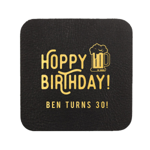 Personalized White Square Coaster with Shiny 18 Kt Gold Foil has a Brew graphic and is good for use in Drinks themed parties and will give your party the personalized touch every host desires.