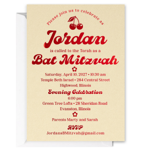 Celebrate special occasions with our delightful Happy Cherry Bar and Bat Mitzvah invitation, designed to perfectly capture the spirit of this joyous event. The invitation features a vibrant cherry motif at the top, symbolizing both sweetness and new beginnings. Personalize the colors of this invitation to match your event color scheme.