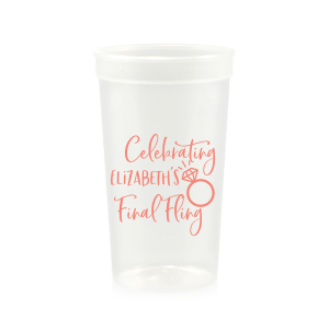 Our custom Clear 16 oz Stadium Cup with Matte Light Coral Ink Cup Ink Colors has a Diamond Ring graphic and is good for use in Wedding, Bridal Shower, Bachelorette themed parties and can be personalized to match your party's exact theme and tempo.