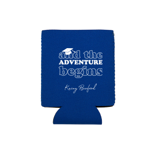 Celebrate the grad with And The Adventure Begins Can Cooler. This custom party favor can be personalized with the graduate's name in an elegant script font. This can cooler is perfect for graduation parties.
