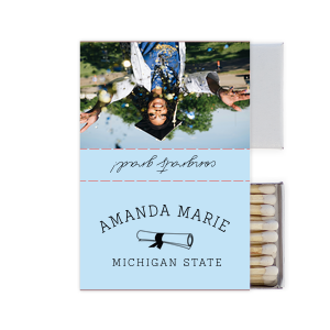 ForYourParty's chic White Classic Custom Photo Matchbox with Matte Sky Blue Ink Digital Print Colors and Matte Black Ink Digital Print Colors has a Graduation Scroll graphic and is good for use in Graduation themed parties and will make your guests swoon. Personalize your party's theme today.
