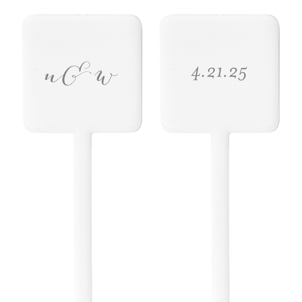 Stir up elegance with the Calligraphy Initials Stirrer, featuring a couple's initials in refined calligraphy, joined by a swirling ampersand. The flip side's date adds a bespoke twist, elevating cocktails with a dash of personalized panache.