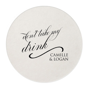 Add a touch of glamour to your gathering with the Don't Take My Drink Glam Coaster. Shaped like a unique ornament, it declares “don’t take my drink” in elegant script with a flair. Featuring the couple’s names, it’s a memorable marker that celebrates both your drink and the newlyweds!