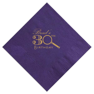 Custom Plum Cocktail Napkin with Satin 18 Kt. Gold Foil has a Magnifying Glass graphic and is good for use in Trendy, Symbols, Adventure themed parties and will look fabulous with your unique touch. Your guests will agree!