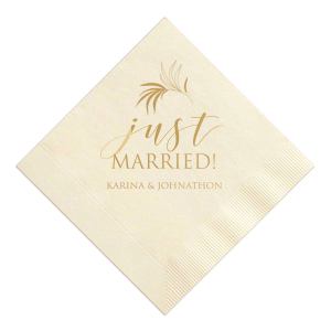 Our beautiful custom Ivory Cocktail Napkin with Satin 18 Kt. Gold Foil has a Fern Single graphic and is good for use in Outdoors, Floral, Organic themed parties and will impress guests like no other. Make this party unforgettable.