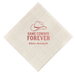 Embrace the wild west with the Same Cowboy Forever Bachelorette Napkin, complete with a charming cowboy hat illustration above the playful declaration "Same Cowboy Forever," followed by the bachelorette's name. A fun, modern twist for the last hoorah.