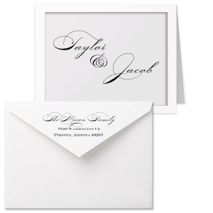 The ever-popular Natural Frost White Classic Note Card with Shiny 18 Kt Gold Foil can be personalized to match your party's exact theme and tempo.
