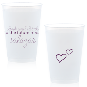 Customize Clink & Drink cups for a smashing addition to your bridal shower or bachelorette party! The Fuchsia print, hand lettered script and little hearts give a playful feminine touch your bride will love. Fun in the moment, they also make fabulous personalized party favors.