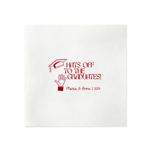 Applaud the new graduate with the Hats Off Graduation Cheer Napkin, emblazoned with a celebratory hand tossing a graduation cap and the phrase "Hats off to the graduate," personalized with the graduate's name and year. A perfect addition to any graduation festivity.