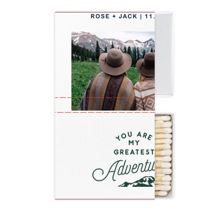 ForYourParty's chic White Classic Custom Photo Matchbox with Matte Spruce Ink Digital Print Colors and Matte Navy Ink Digital Print Colors has a Greatest Adventure graphic and is good for use in Wedding, Travel, Words themed parties and will look fabulous with your unique touch. Your guests will agree!