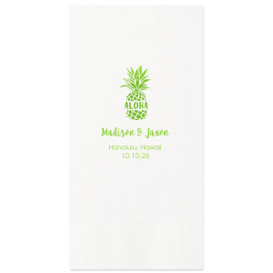 Savor the essence of island life with the Aloha Pineapple Napkin. A cheerful pineapple stamped with 'Aloha' sets a laid-back, tropical scene, while the couple's names and date below promise a future as bright as Hawaiian sunshine