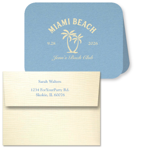 Show your gratitude with the Bachelorette Beach Party Palms Thank You Note Card, elegantly featuring the bachelorette's name in a timeless script, the event's tropical location, and date, all enclosed by serene palm tree illustrations. Customize the envelope with your address for a personal touch, ideal for expressing thanks after "The Last Splash."
