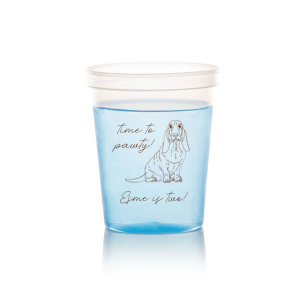 Custom Clear 22 oz Stadium Cup with Matte Chocolate Ink Cup Ink Colors has a Basset Hound graphic and is good for use in Animals themed parties and can be customized to complement every last detail of your party.