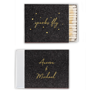 Ignite romance with the Sparks Fly Confetti Name Match, capturing the thrill of love's spark. The design playfully features "sparks fly" in whimsical, lower-case script, embellished with dot confetti to mimic flying sparks. The other side displays the couple's first names. This design symbolizes the exciting spark that lights up their love. 