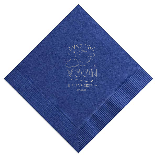 Personalized Light Navy Cocktail Napkin with Shiny Sterling Silver Foil has a Night Sky graphic and is good for use in Baby Shower, Weddings and other celebrations and will make your guests swoon. Personalize your party's theme today.
