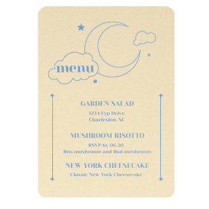 If you are planning a celestial event, this menu is for you! Featuring a night sky motif, you can personalize with what's on the menu and the location of your event. 