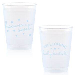 Sip from the stars with the Heaven Sent Baby Shower Cup. "Heaven Sent" and stars dazzle on the front, symbolizing that perfect gift from above. The reverse warmly welcomes the baby's arrival with their name surrounded by stars, making each sip an ethereal celebration of joy!