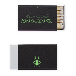 Creep into the spirit with the Spooky Spider Halloween Matchbox. A solitary spider dangles ominously, setting the tone for a spine-chilling soirée. The reverse side offers personalization, ensuring your Halloween event is as unique as it is eerie.