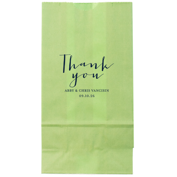 The Grateful Thank You Bag displays a heartfelt 'Thank You' in bold, centered script. Below, the couple's names and event date add a personal touch. This clear cellophane bag, ideal for wedding favors, combines simplicity with gratitude, offering a timeless token of appreciation.