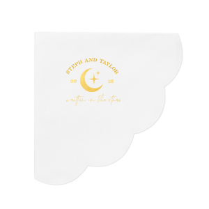 Set a celestial stage for your nuptials with the Celestial Matrimony Napkin, displaying the couple's names arched above a moon and stars, framed by the wedding date, and finished with the romantic phrase "Written in the Stars." A heavenly touch for your star-crossed celebration.
