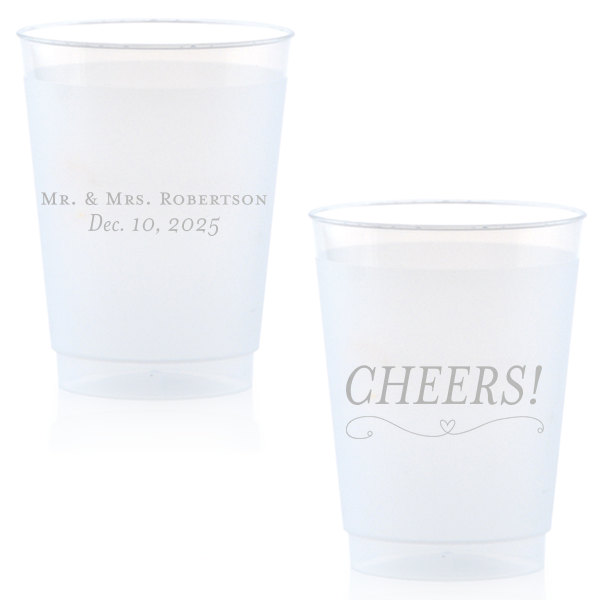 Personalized Silver Ink 16 oz Frost Flex Cup with Silver Ink Cup Ink Colors has a Simple Heart Flourish graphic and is good for use in Heart, Wedding themed parties and will give your party the personalized touch every host desires.