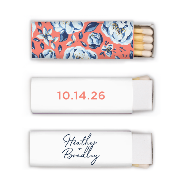 Our custom White Square Custom Photo Matchbox with Matte Light Coral Ink Digital Print Colors and Matte Navy Ink Digital Print Colors will make your guests swoon. Personalize your party's theme today.
