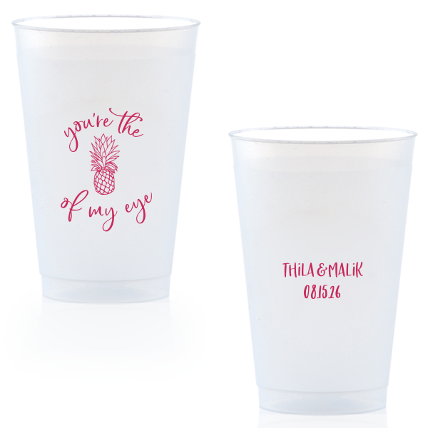 Our custom Matte Fuchsia Ink 10 oz Frost Flex Cup with Matte Fuchsia Ink Cup Ink Colors has a Pineapple Tiki graphic and is good for use in Food, Beach/Nautical themed parties and will impress guests like no other. Make this party unforgettable.