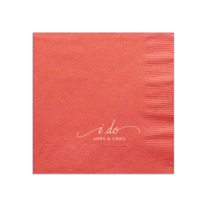 The I Do Flourish Name Napkin design artistically transforms the iconic wedding vow into a visual centerpiece. Flourished script forms an umbrella-like frame around "I Do," highlighting the couple's names, which are in a contrasting all-caps block font. This napkin combines elegance with artistic expression in a memorable keepsake.