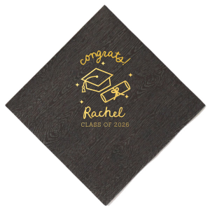 Celebrate the graduate's success with the Scripted Cap & Diploma Grad Napkin, elegantly personalized with the graduate's name and year in a handwritten script font. Featuring a classic graduation cap and diploma graphic, it's a sophisticated touch for any graduation festivity.