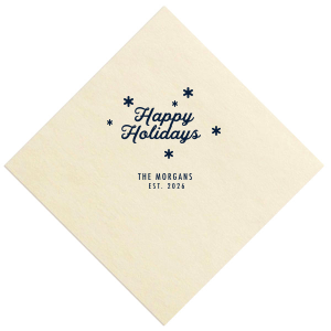 Sprinkle your holiday gatherings with the Happy Holidays Snowflake Napkin, where a cheerful greeting drifts among delicate snowflakes. Below, your family name and year established nestle, adding a personalized touch to seasonal joy.
